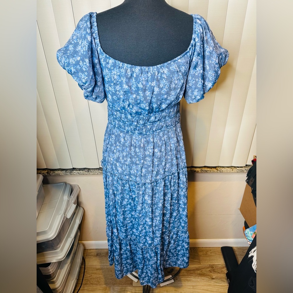 Trixxi  Blue Floral Chiffon Fluttered Sleeve Tiered Lined Dress Size XL - Picture 6 of 9